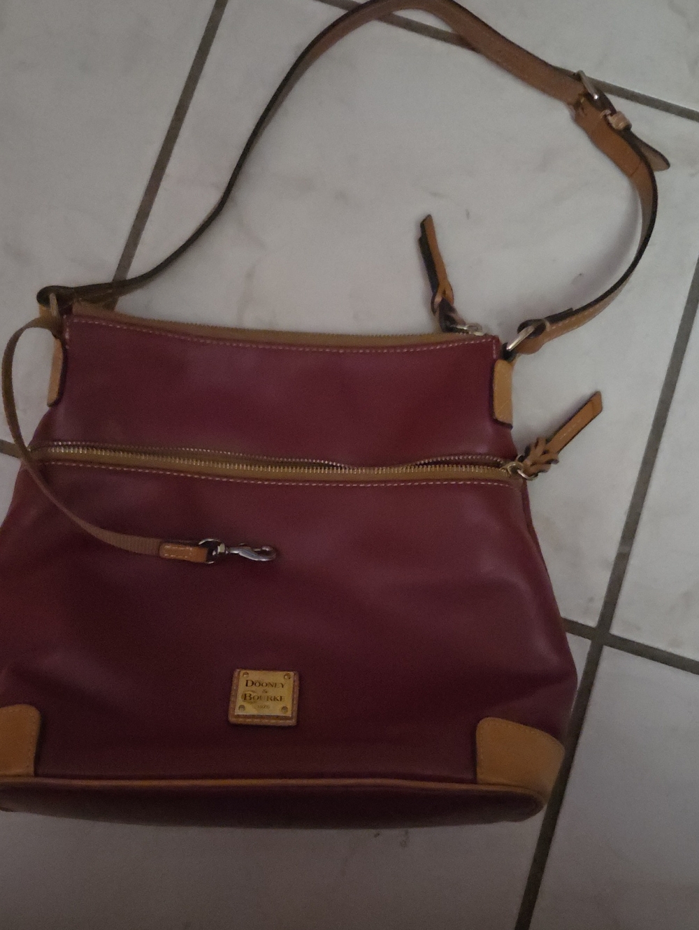 Dooney & Bourke Wine Leather Shoulder Bag Or Crossbody with Tan Trim